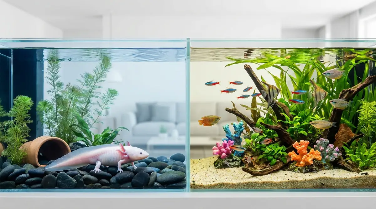 ウーパールーパーと熱帯魚の飼育環境を比較