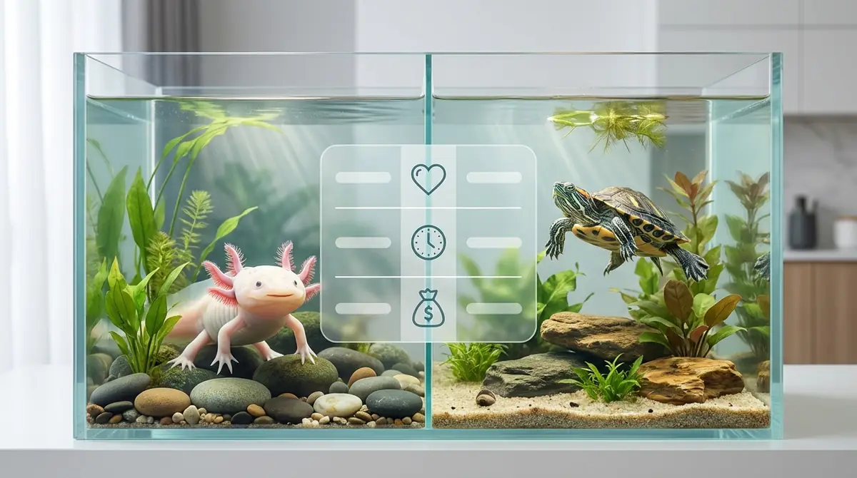 【結論】ウーパールーパーとカメはどっちが飼いやすい?比較早見表で解説