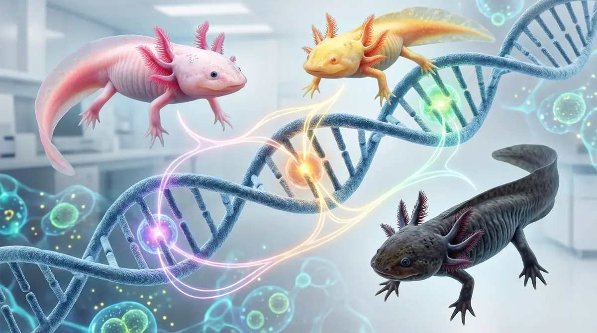 ウーパールーパーの色は主に3つの遺伝子座で決まる